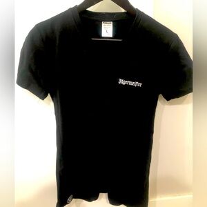 Black woman’s Jäegermeister server tee with small chest logo size L.
